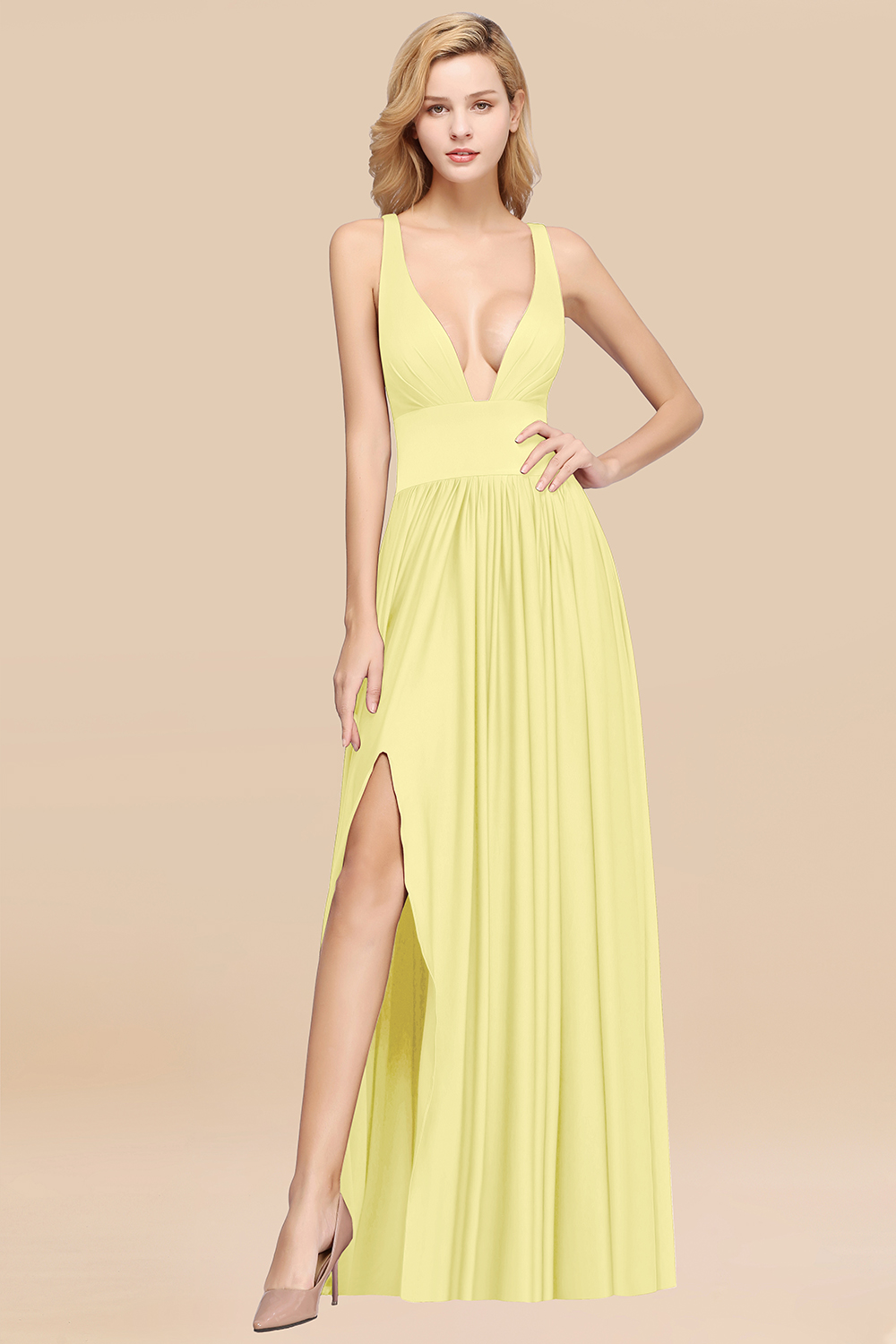 Elegant V-Neck Sleeveless Bridesmaid Dress |Aline Floor Length Bridesmaid Dress With Slit-newarrivaldress