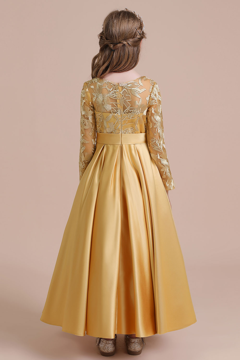 Ankle Length Flower Girl Dress for Weddings| Long Sleeve Satin Little Girls Dress-newarrivaldress