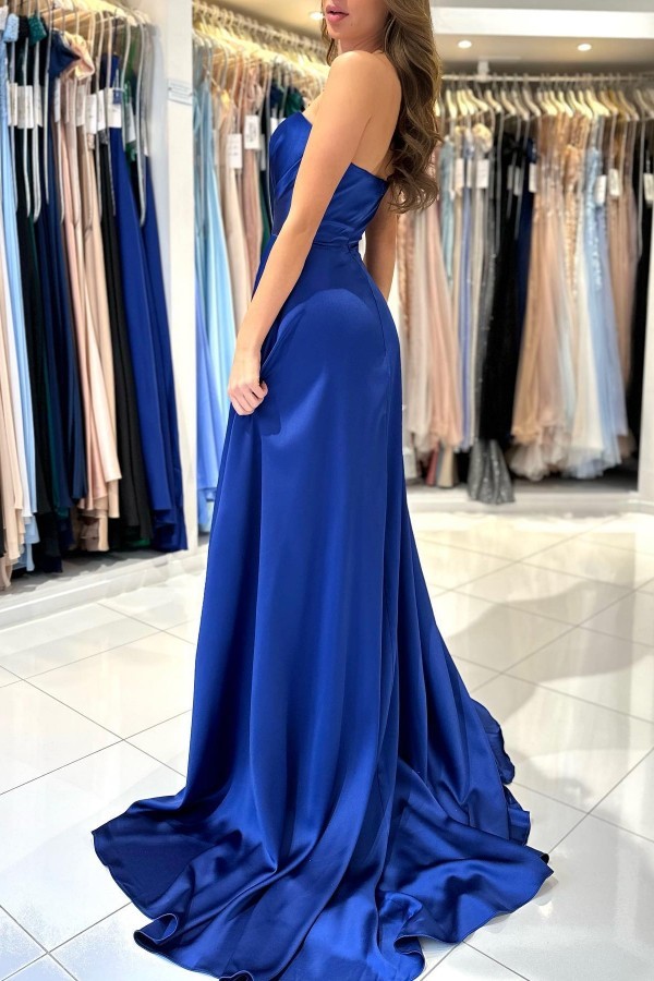 Stunning Sweetheart Satin Long Party Dress Strapless Side Slit Prom Dress-newarrivaldress