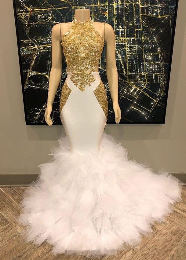 Sleeveless Golden Appliques Tulle Button Mermaid Long Prom Dresses-newarrivaldress