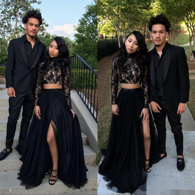 Two Piece Long Sleeve Formal Gowns | Black Long Slit Lace Prom Dress SP0349-newarrivaldress