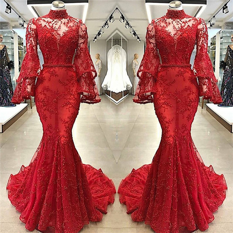 High Neck Long Sleeve Mermaid Appliques Chapel Train Prom Dresses with Beads-newarrivaldress