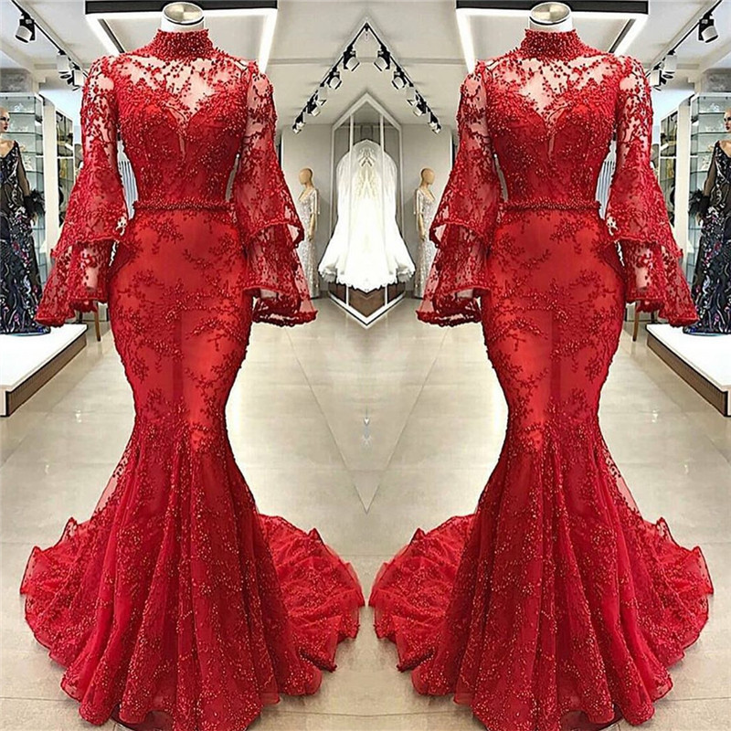 High Neck Long Sleeve Mermaid Appliques Chapel Train Prom Dresses with Beads-newarrivaldress