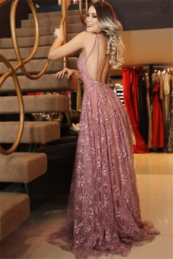 Sexy Spaghetti-Strpas Appliques Backless A-Line Prom Dresses-newarrivaldress