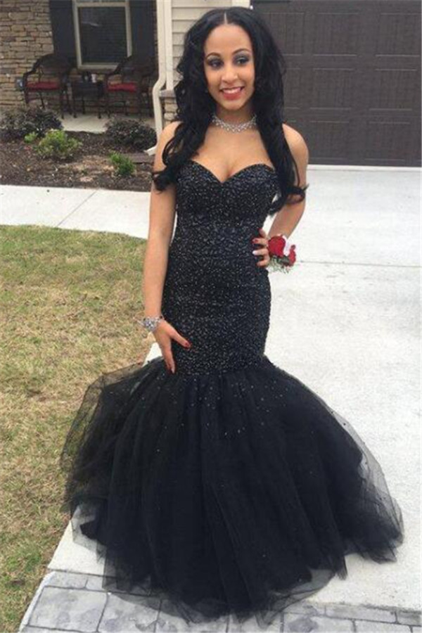 Dress Tulle Mermaid Beading Sexy Prom Black Sleeveless Evening Gown-newarrivaldress