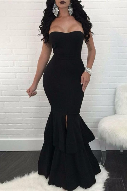 Sexy Black Mermaid Evening Dress |Ruffles Prom Dress With Slit-newarrivaldress