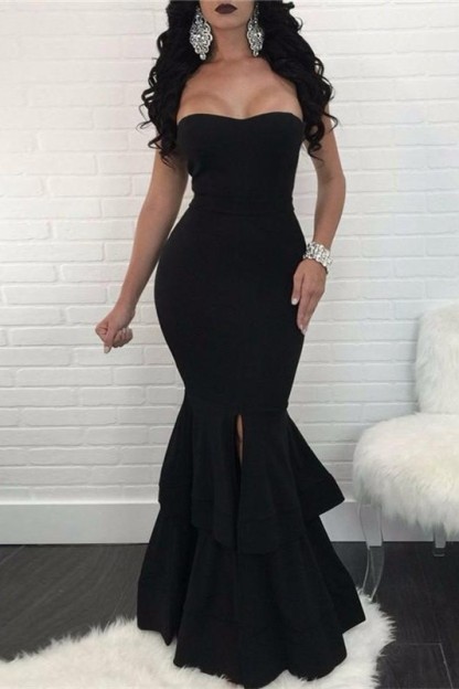 Sexy Black Mermaid Evening Dress |Ruffles Prom Dress With Slit-newarrivaldress