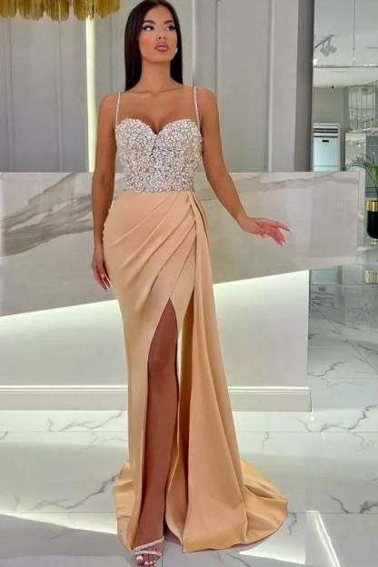 Charming Glitter Crystals Mermaid Prom Dress Ruched Satin Long Evening Dress with Straps-newarrivaldress
