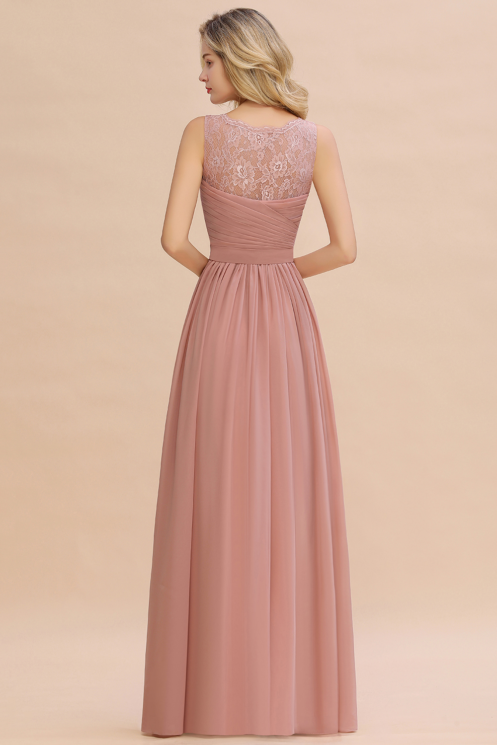Dusty Pink Chiffon Floral Lace Bridesmaid Dress V-Neck Sleeveless Evening Dress Floor Length-newarrivaldress