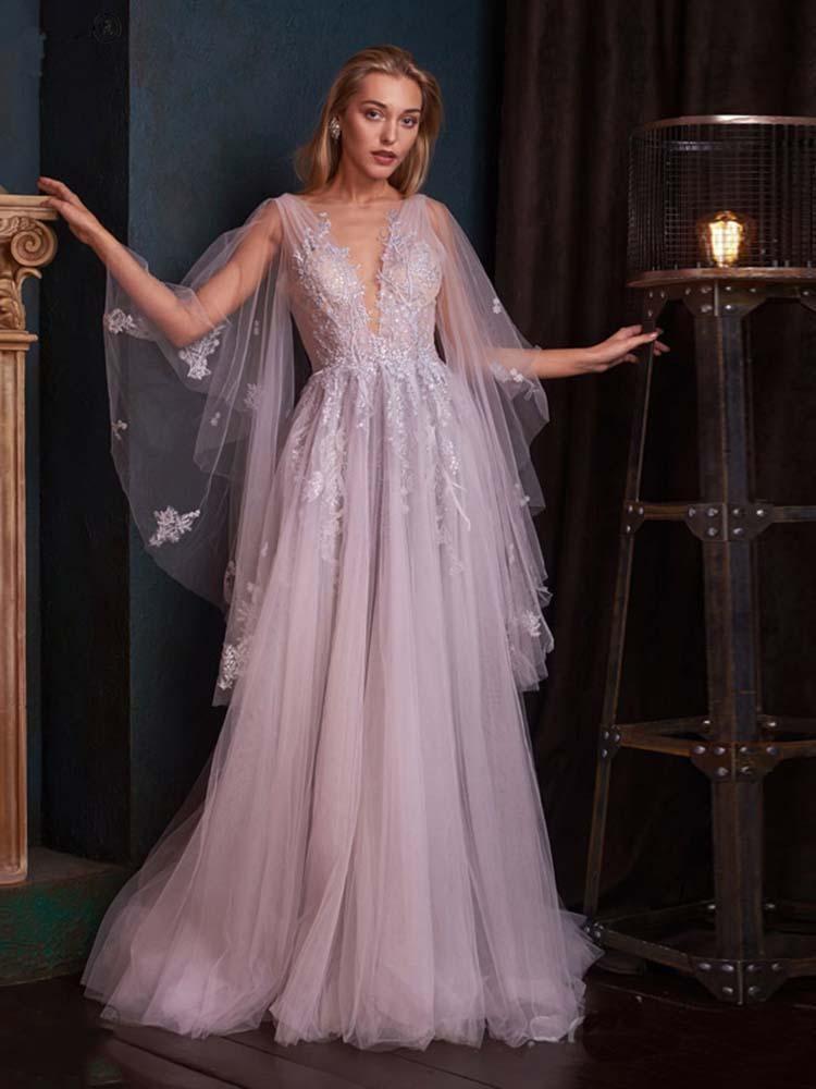 Romantic Deep V-Neck Aline Wedding Dress with Sweep Wrap-newarrivaldress