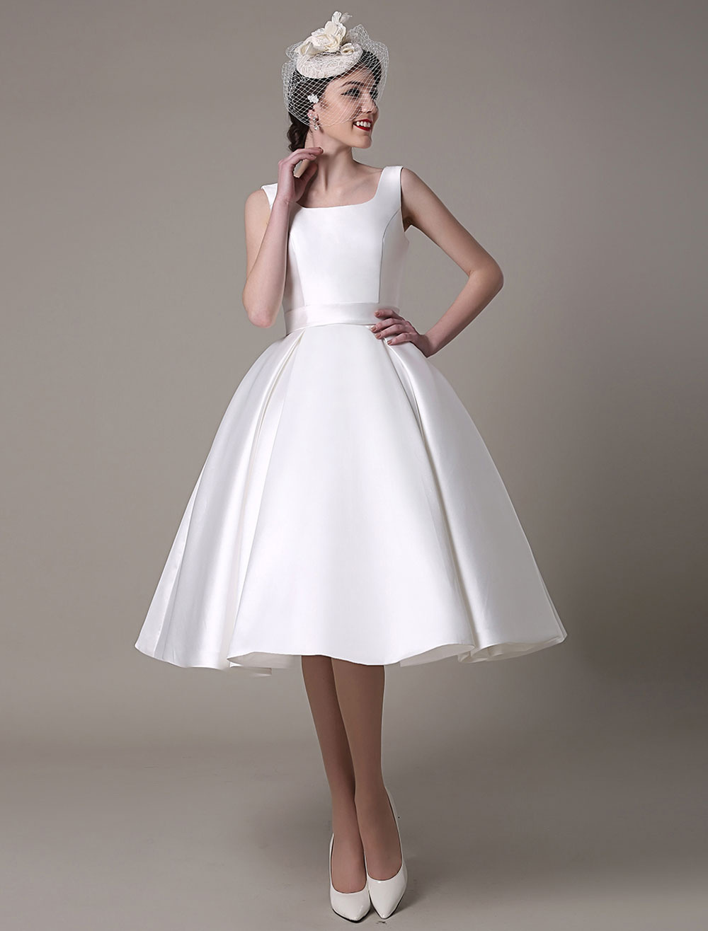 Ivory Wedding Dress Scoop Backless Knee Length Satin Wedding Gown Exclusive-newarrivaldress