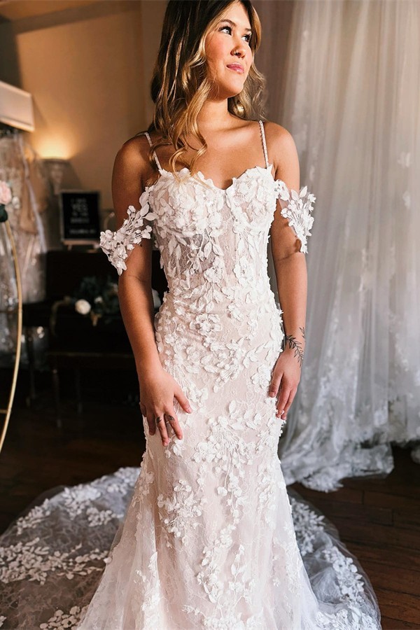 Off-the-Shoulder Flower Tulle Lace Mermaid Wedding Dress with Spaghetti Straps-newarrivaldress