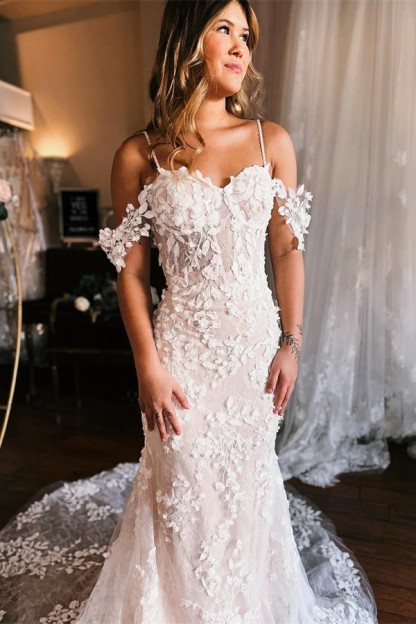 Off-the-Shoulder Flower Tulle Lace Mermaid Wedding Dress with Spaghetti Straps-newarrivaldress