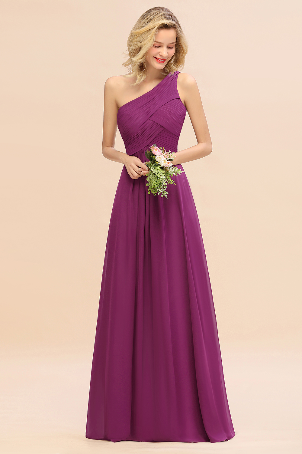 Elegant Ruched Chiffon One Shoulder Bridesmaid Dress Long Sleeveless Evening Dress-newarrivaldress
