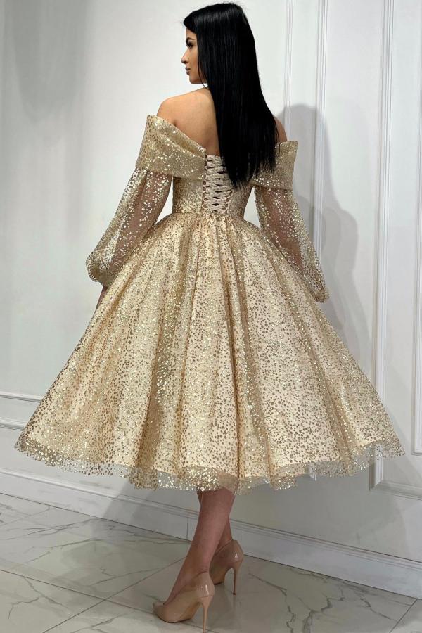 Champagne Off Shoulder Long Sleeves Prom Dresses Glitter Ankle Length Party Wear Dress-newarrivaldress