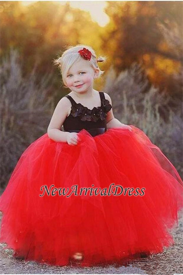 Ball Gown Flower Straps Black New Tulle Red Pageant Flowers Girl Dress-newarrivaldress