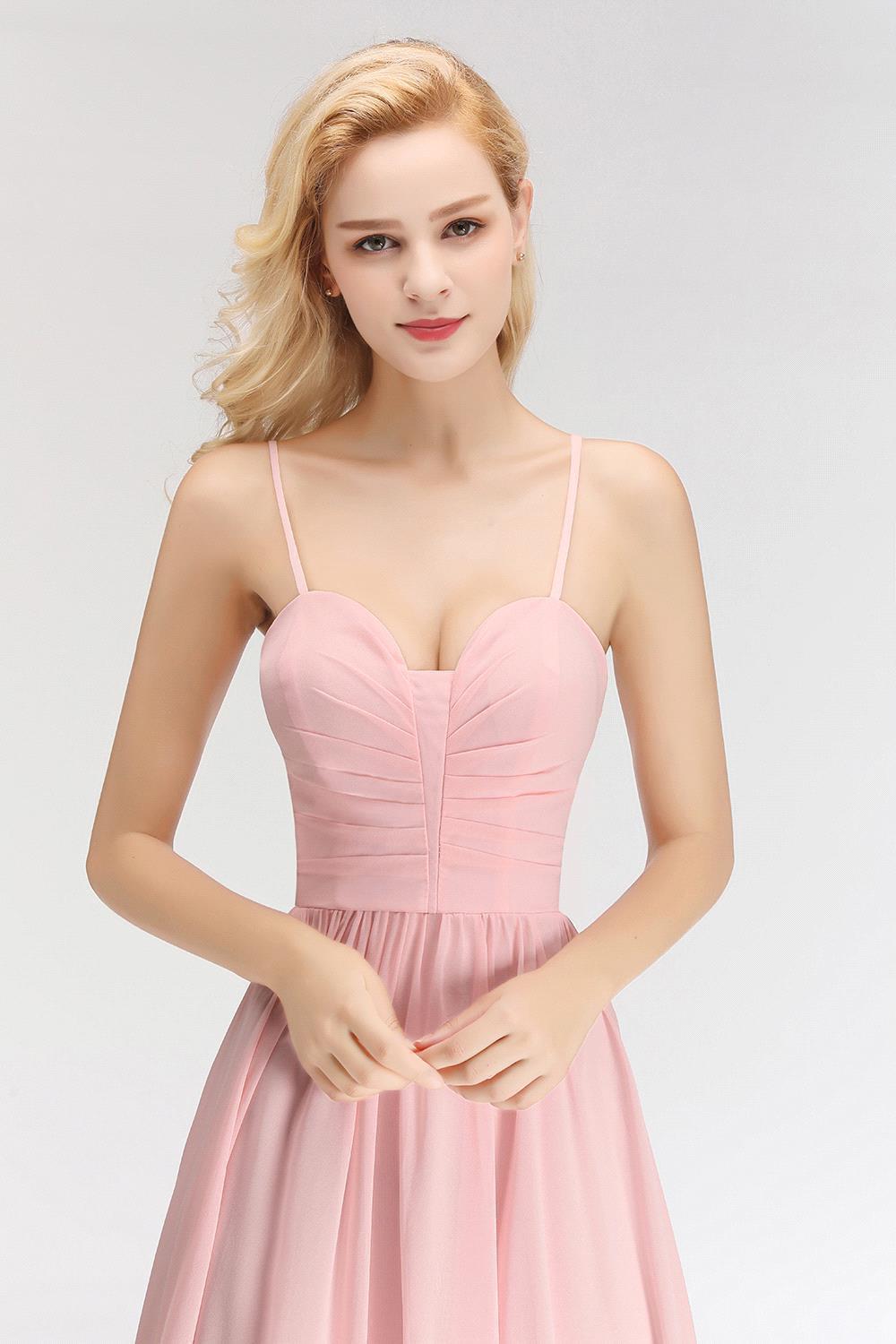 Simple A-line Spaghetti-Strap Floor-length Sleeveless Chiffon Pink Zipper Bridesmaid Dress-newarrivaldress