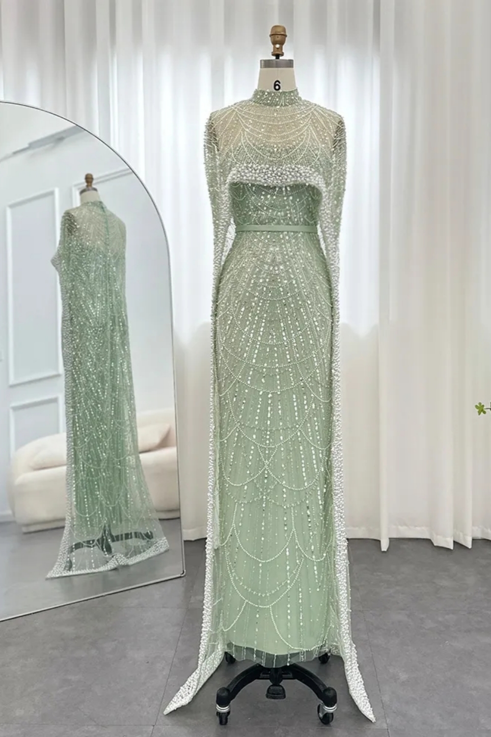 Luxury Sequins Dubai Mermaid Evening Dress with Cape Glitter Pearls Floor Length Party Dress-newarrivaldress