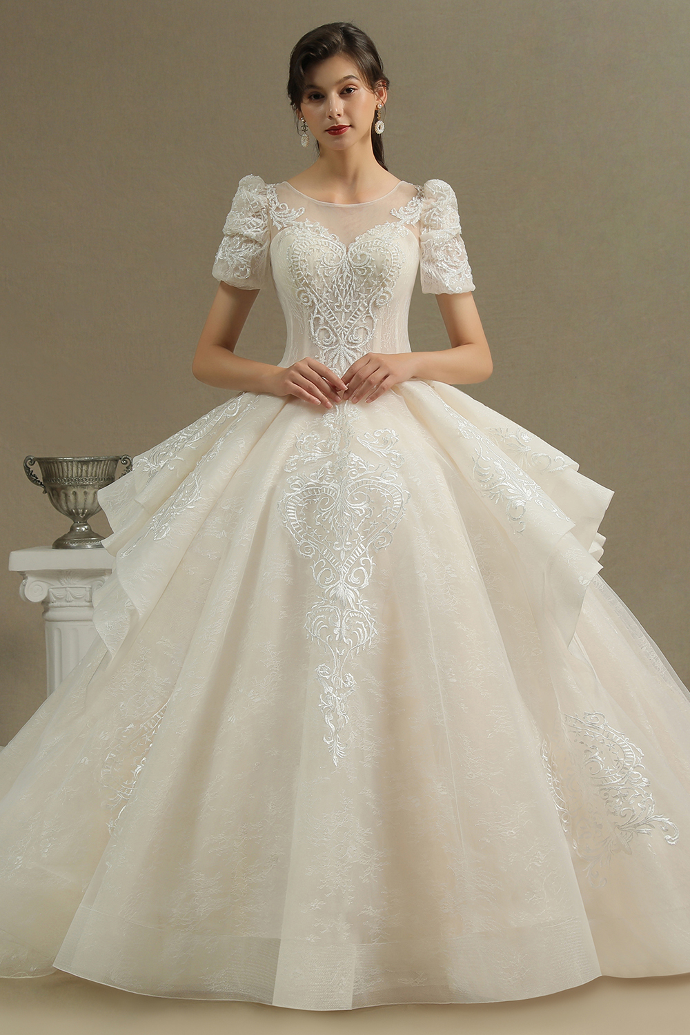Elegant Short Sleeve Princess Ball Gown ALine Lace Appliques Wedding Dress-newarrivaldress