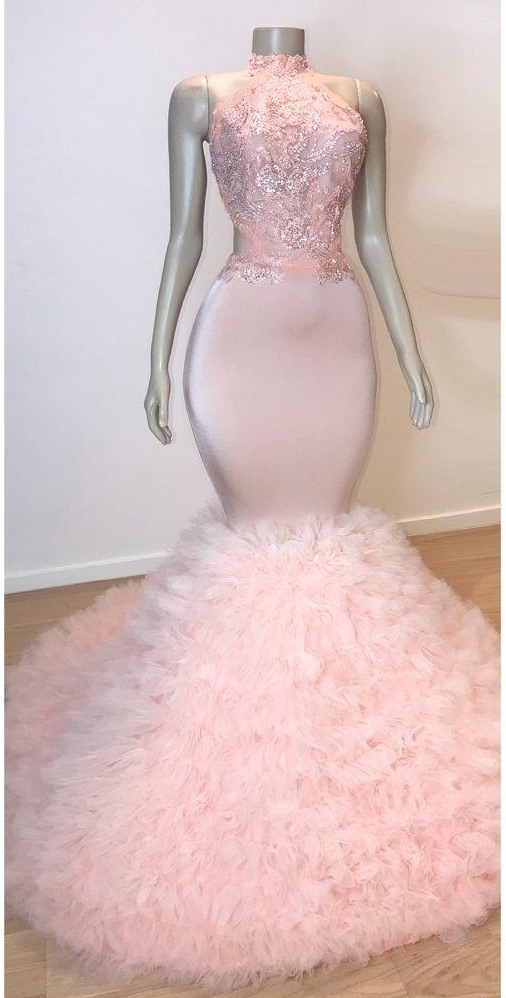 Pink Halter Sleeveless Mermaid Long Prom Dresses | New Arrival Chic Open Back Lace Tulle Evening Gowns-newarrivaldress
