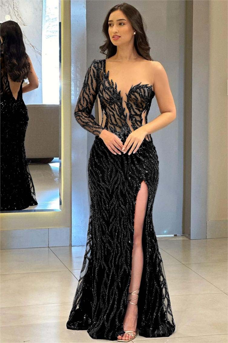 One Shoulder One Long Sleeve Backless Mermaid Split Prom Dress With Appliques