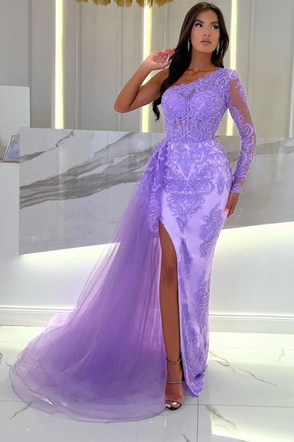 Stunning One Shoulder Purple Lace Mermaid Long Prom Dress with Tulle Sweep Train-newarrivaldress