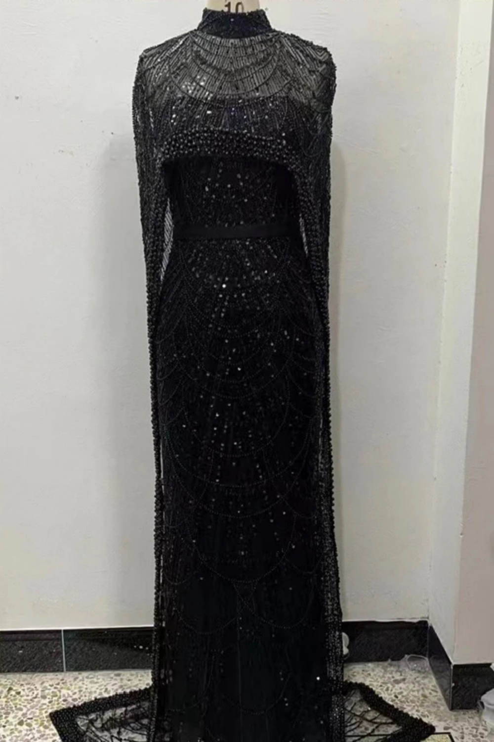 Elegant Arabic Mermaid Evening Gown with Cape Sparkly Beadings Floor Length Special Occasion Dress-newarrivaldress