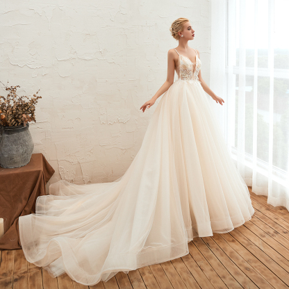 Deep V-Neck Tulle A-line Wedding Dress with Spaghetti Straps-newarrivaldress
