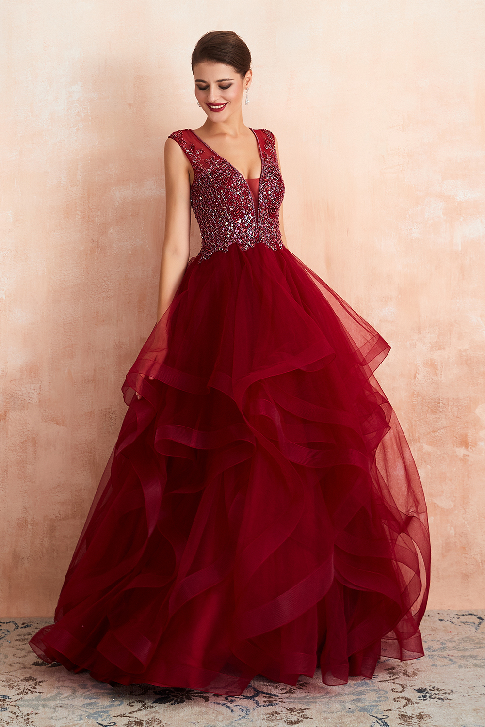 Amazing Deep V-Neck Burgundy Layers Tulle Long Evening Dress Sparkly Beadings Sequins Party Dress-newarrivaldress