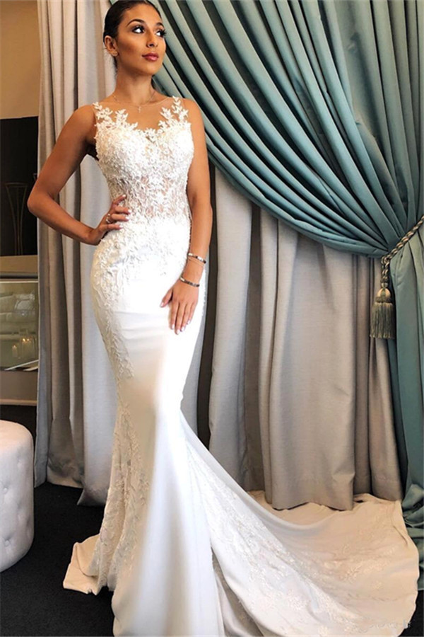 Elegant Sleeveless Mermaid Sheer Wedding Dresses | 2021 Lace Sweep Train Bridal Gowns-newarrivaldress