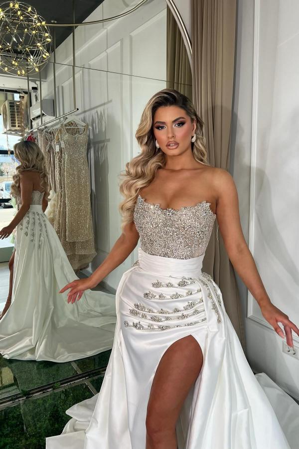 Strapless Ruffle Satin Mermaid Prom Dress with Slit Sleevless Crystals Appliques Long Evening Dress-newarrivaldress