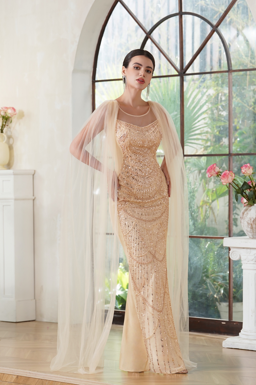 Champagne Tulle Trumpet Prom Dress with Cape Scoop Neck Beadings Long Evening Dress with Side Split-newarrivaldress
