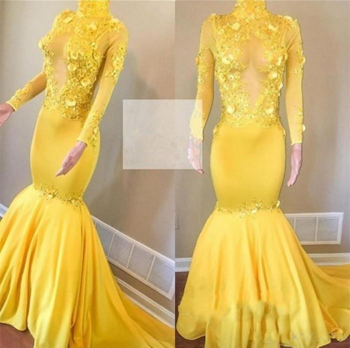 Yellow High Neck Flower Appliques Sexy Mermaid Long Sleeves Prom Dresses-newarrivaldress