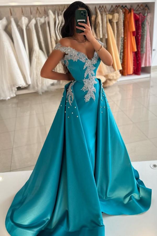 Glamorous Off-the-Shoulder Satin Mermaid Evening Gown Pearls with Train-newarrivaldress