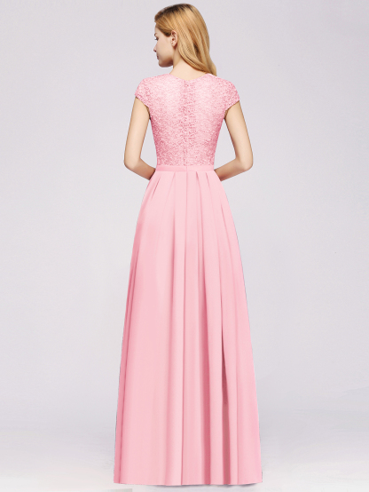Cap Sleeves Chiffon Aline Bridesmaid Dresses Floral Lace Floor Length Special Occasion Dress-newarrivaldress