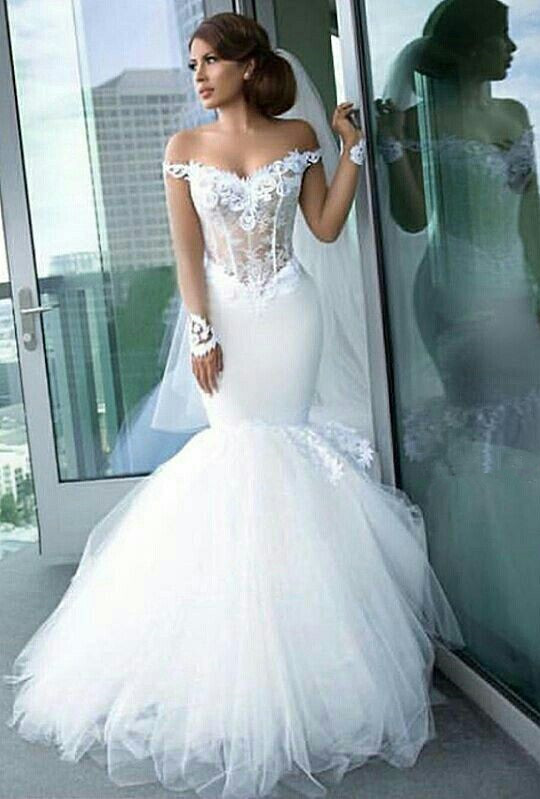 Long Sleeve Tulle Elegant Lace Appliques Mermaid Custom Made Off The Shoulder Wedding Dress-newarrivaldress