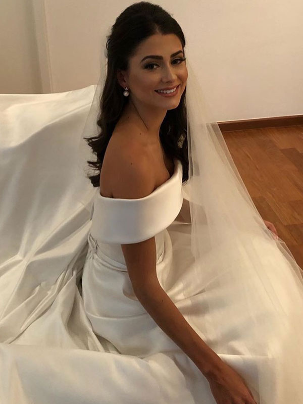 Vintage Wedding Dresses 2021 Off The Shoulder Short Sleeve A Line Satin Traditional Bridal Gowns With Sweep Train-newarrivaldress
