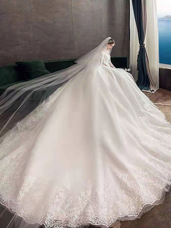 New Vintage Wedding Dresses Eric White Jewel Neck Long Sleeves Natural Waist Satin Fabric Cathedral Train Applique Traditional Dresses For Bride-newarrivaldress