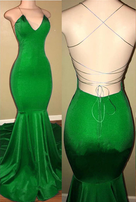 Green Sheath Spaghetti Strap Open Back Prom Dresses | Prom Dresses-newarrivaldress