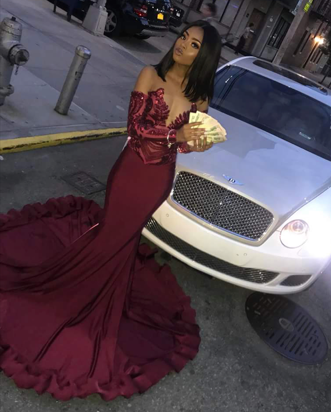 Sexy Burgundy Sequins Mermaid Prom Dresses | Long Sleeves Evening Dresses-newarrivaldress