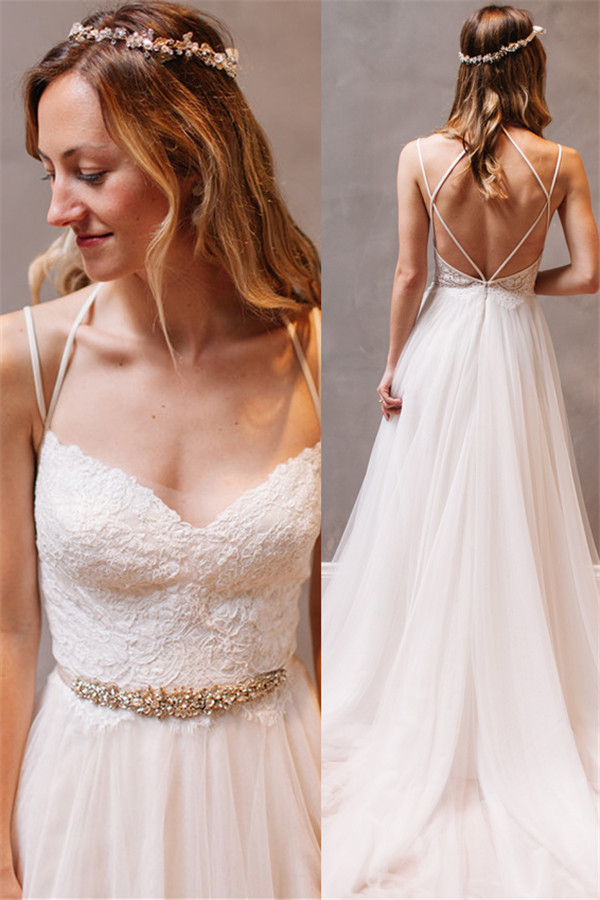 Elegant Lace Crystals Spaghetti Straps Wedding Dresses | See Through Lace Up Sleeveless Bridal Gowns-newarrivaldress