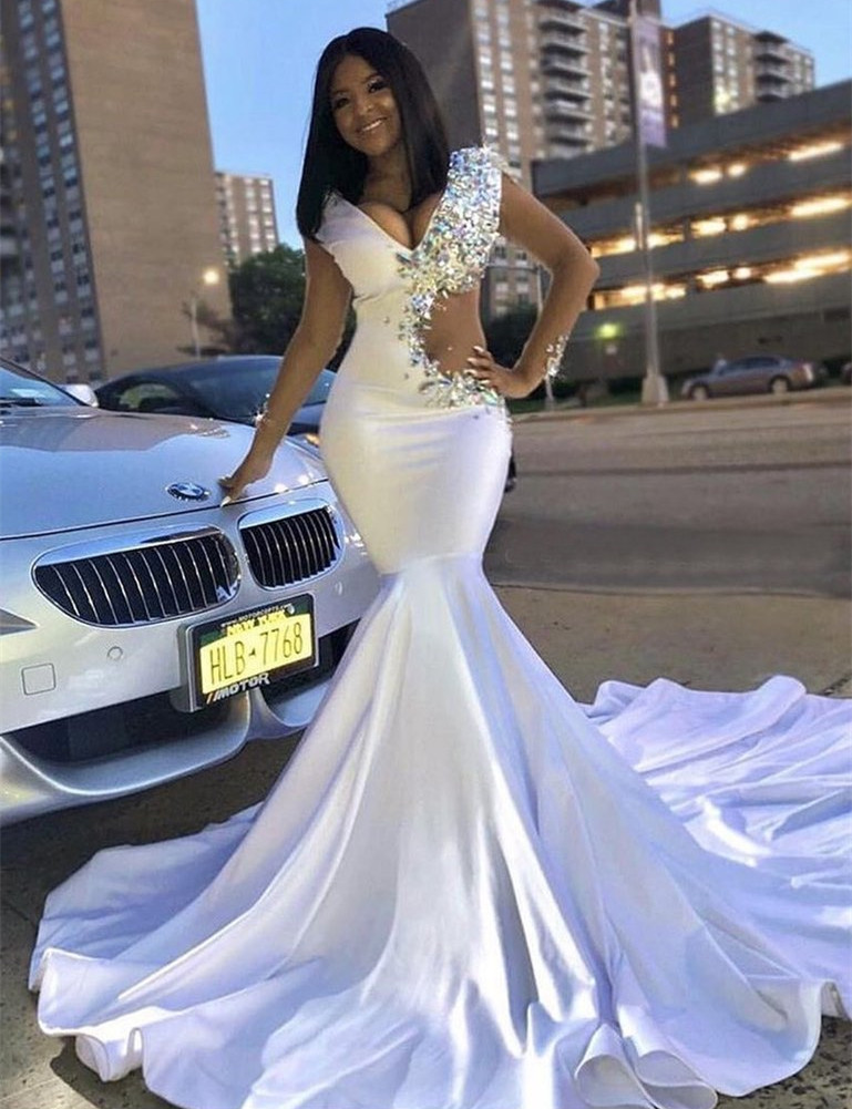 Chic V-Neck Lace Rhinestones Sweep Train Sexy Mermaid Prom Dresses-newarrivaldress
