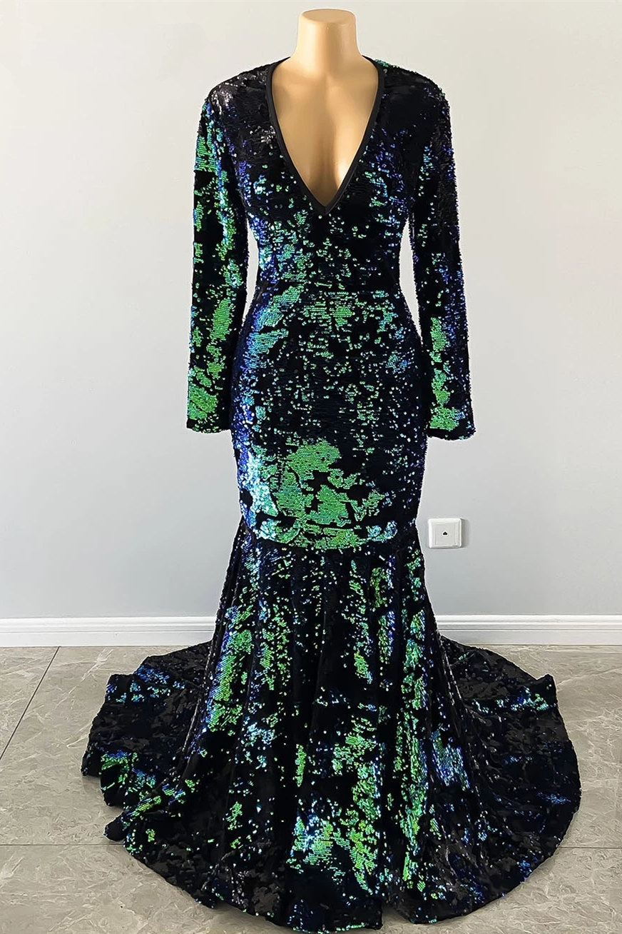Dark Green Sequined Mermaid Prom Dres with Sleeves V-Neck Party Gown-newarrivaldress