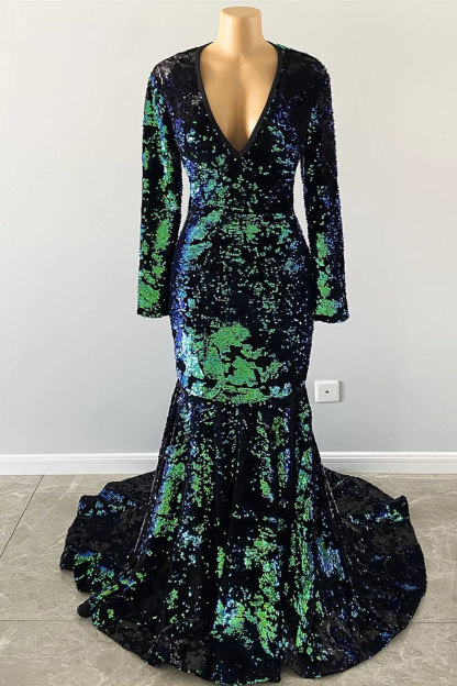 Dark Green Sequined Mermaid Prom Dres with Sleeves V-Neck Party Gown-newarrivaldress