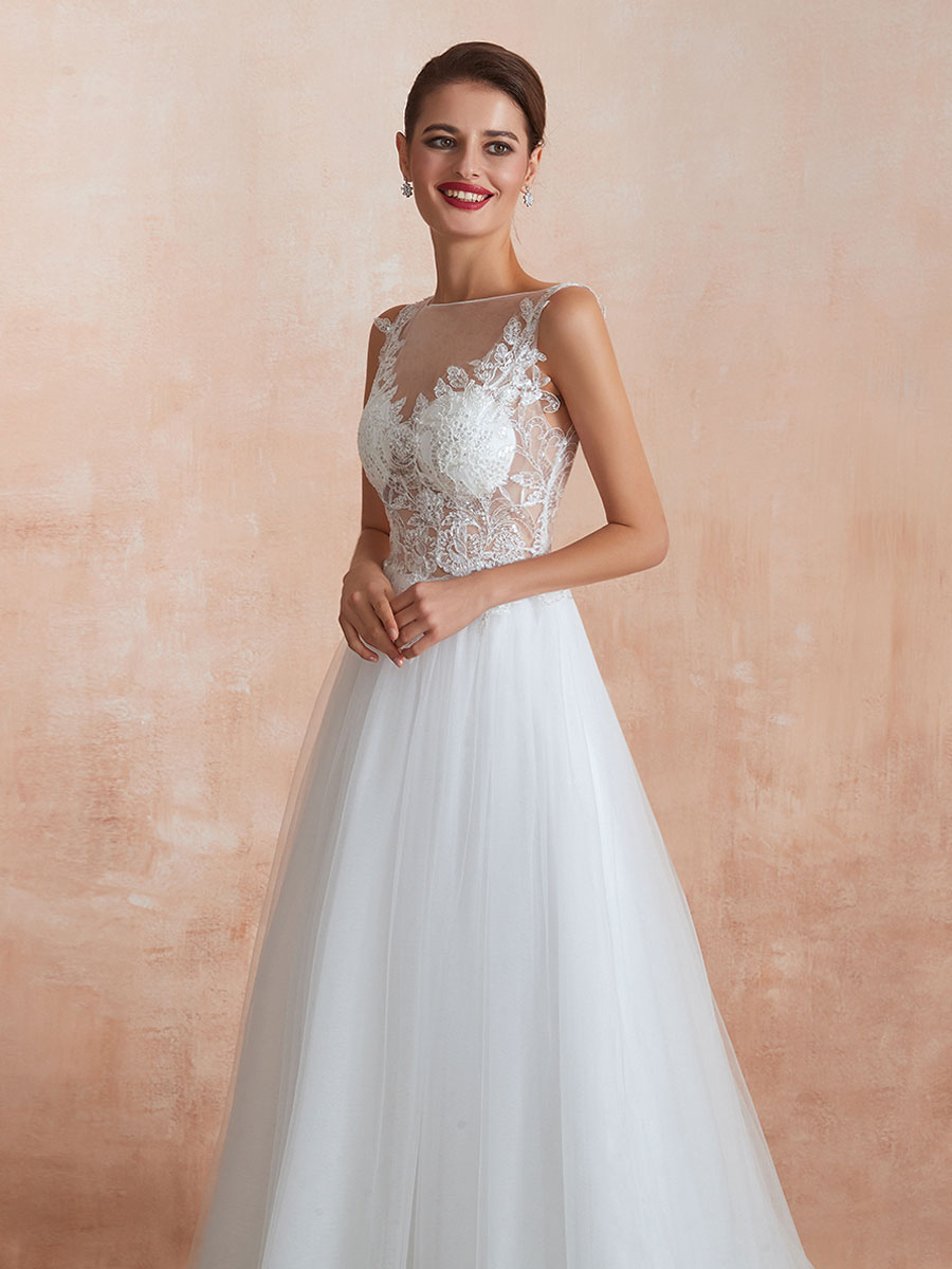 Wedding Dress 2021 A Line Sleeveless Lace Floor Length Tulle Bridal Gowns With Train-newarrivaldress