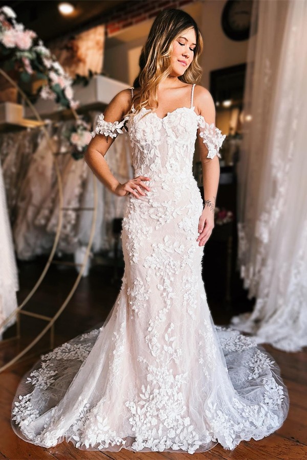 Off-the-Shoulder Flower Tulle Lace Mermaid Wedding Dress with Spaghetti Straps-newarrivaldress