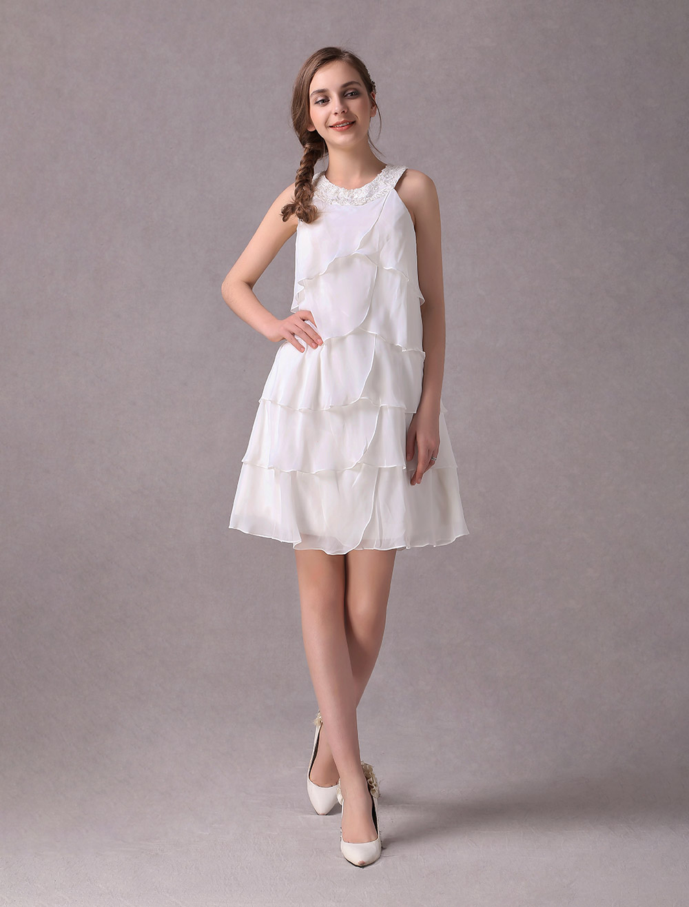 Simple Wedding Dresses Ivory Chiffon Cocktail Party Dress Beaded Tiered A Line Halter Short Bridal Dress Exclusive-newarrivaldress