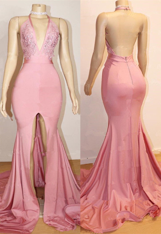 Open Back Pink Junior Long Prom Dresses | Halter Lace Evening Gown With Slit BA9087-newarrivaldress