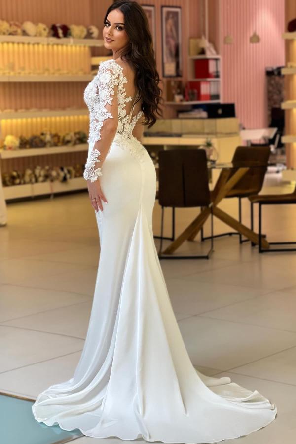 Gorgeous Long Sleeves Lace Appliques Mermaid Wedding Dress White Satin Bridal Dress-newarrivaldress
