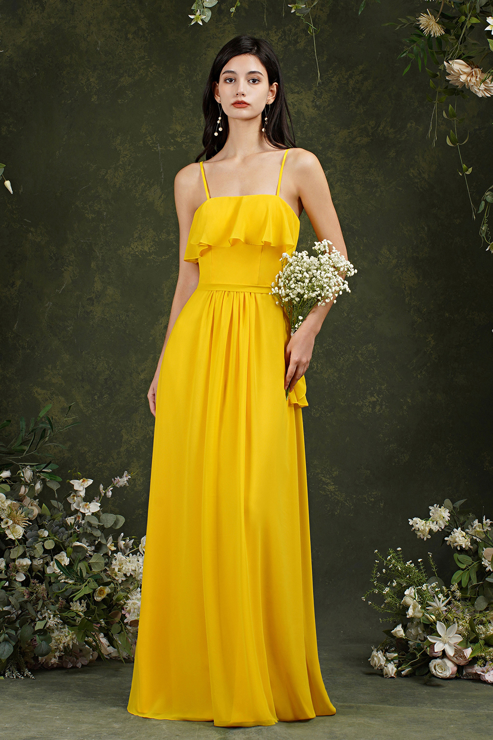 Yellow Ruffles Sleeveless Floor-Length Dress for Wedding Guests-newarrivaldress